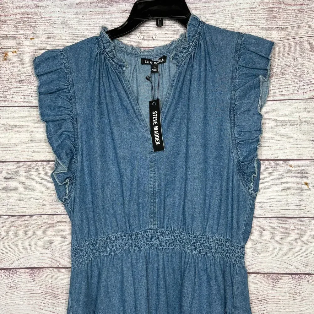 Steve Madden Prairie Dreams Chambray Blue Western Smocked Dress Size Large New - Picture 10 of 14